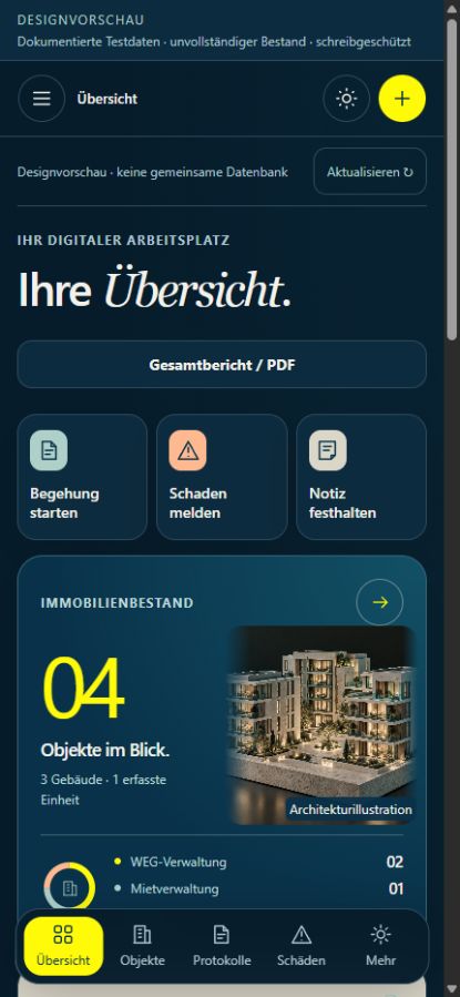 Originalansicht unserer selbst entwickelten Verwaltungs-App mit Überblick und Schnellzugriff, mit Beispieldaten