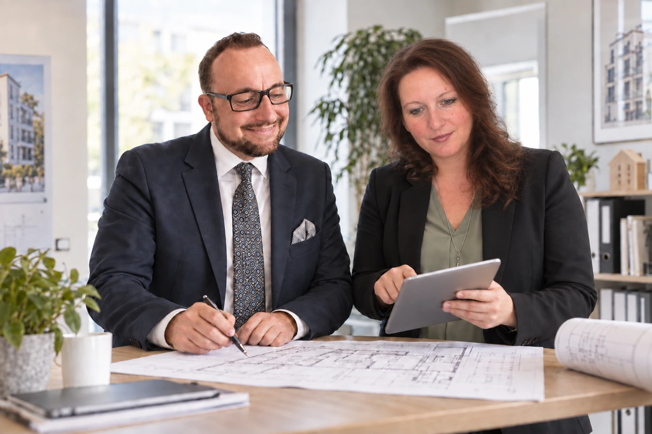 Fotorealistische Illustration des Managements bei der gemeinsamen Arbeit mit Gebäudeplan und Tablet im Büro